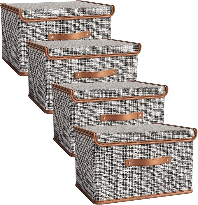 Tuza 4 Pack Storage Bins with Lids, Collapsible Closet Organizer Container, Fabric Organizer Box with Handles, Decorative Storage Boxes with Lids for Organizing Clothes, Sheet, Light Grey, Extra Large by LOVEWHEREYOULIVE