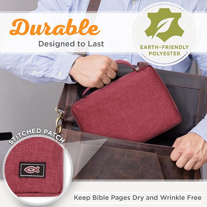 Christian Art Gifts Men/Women's Bible Cover Jesus Fish, Red Canvas, Medium - Image 3