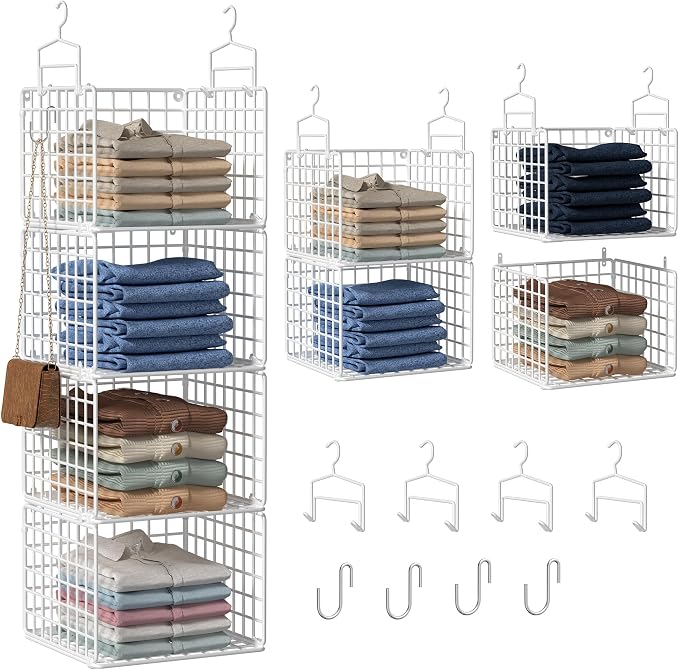 Hanging Closet Organizer, 4 Tier Metal Closet Organizers and Storage with 4 Hanging Hooks 4 S-Hooks for Wardrobe Laundry Room, Wire Storage Shelf for Clothes Sweaters Pants (White) by Orapoke