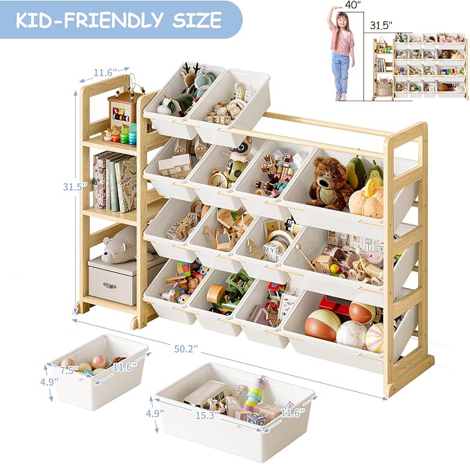 EXPERLAM Toy Storage Organizer, Toy Storage Shelf with 3 Shelves and 16 Storage Bins (12 Small + 4 Large), 3-in-1 Kids Bookshelf for Kids Rooms, Playroom, Nursery, White - Image 2