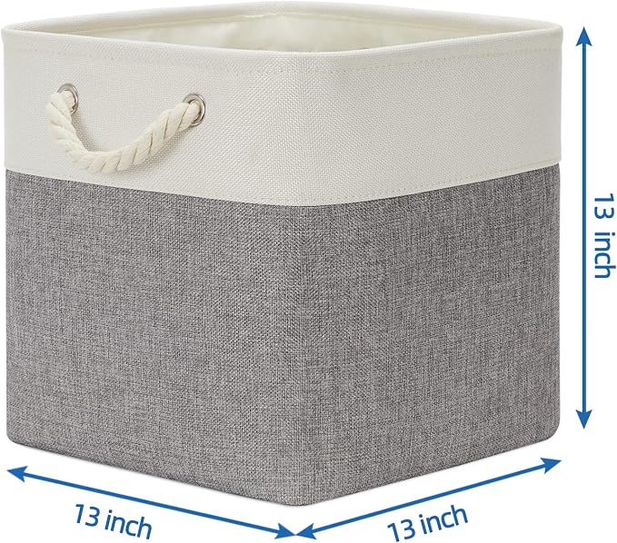 Temary Fabric Baskets 13 Inch Cube Storage Baskets with Rope Handle, Storage Cube Bins Clothes Basket for Gift, Large Storage Bins for Storage Books, Blankets (White&Gray) - Image 2