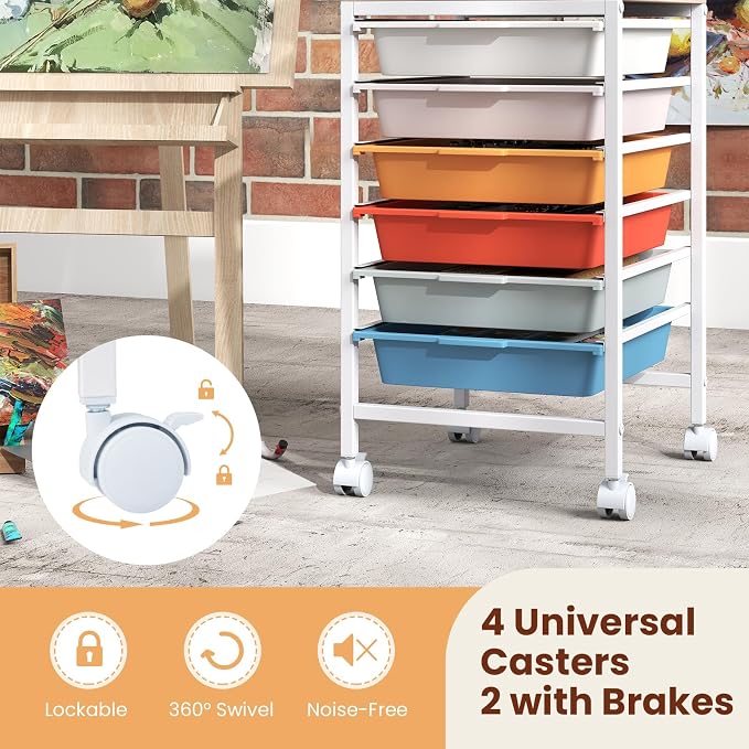 Giantex Rolling Storage Cart with 6 Drawers, Utility Cart w/Wooden Tabletop, Lockable Wheels, Multipurpose Organizer for Art Craft Scrapbooks Paper, Drawer Carts for Dorm Classroom Office, Macaron - Image 8