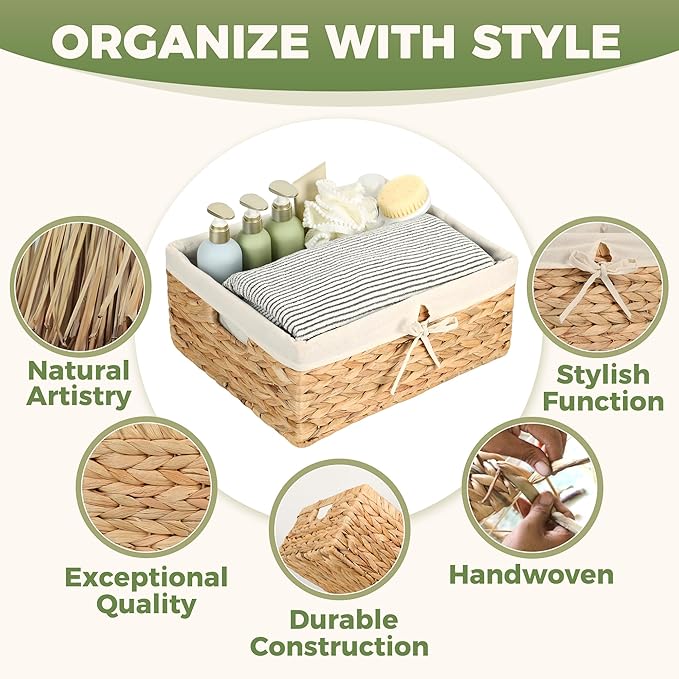 Wicker Shelf Storage Baskets for Organizing - Natural Water Hyacinth Woven Basket Organizers & Storage for Shelves w/Handles & Cotton Liner for Home & Pantry Decor Organization, Large 15” x 12” x 6” - Image 4
