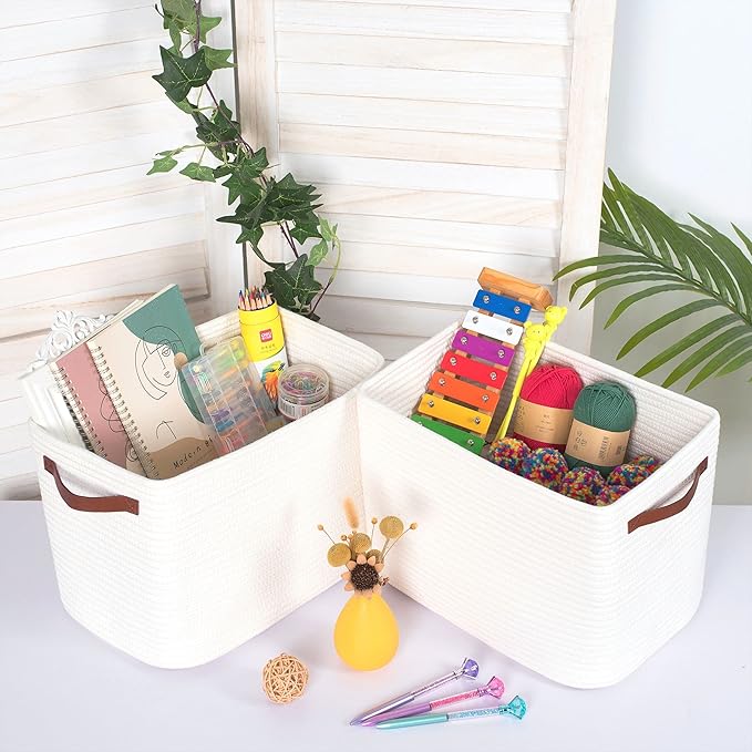 3-Pack Decorative Woven Storage Baskets for Shelves, Cube Bin Box for Organizing Books, Shoes, Dog Toys, Pantry Closet and Living Room Organizer, Creamy White - Image 3