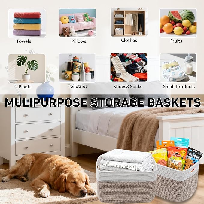 3 Pack Woven Baskets,Storage Baskets for Shelves with Handles | 13.5"×11"×9.5" Closet Baskets, Nursery Organizer for Toys Towels Books, Storage Bin for Living Room Bedroom (White&Brown) - Image 6