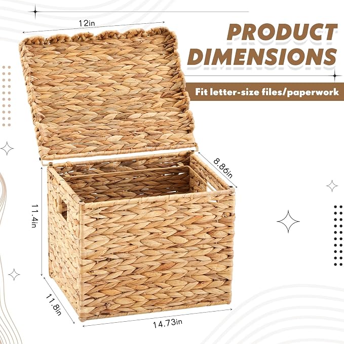 Jingmore Water Hyacinth File Storage Box with Scalloped Lid Collapsible Letter Size Hanging Filing Organizer Basket for Home Office, Woven Decorative Document Storage Box (Letter Size) - Image 2