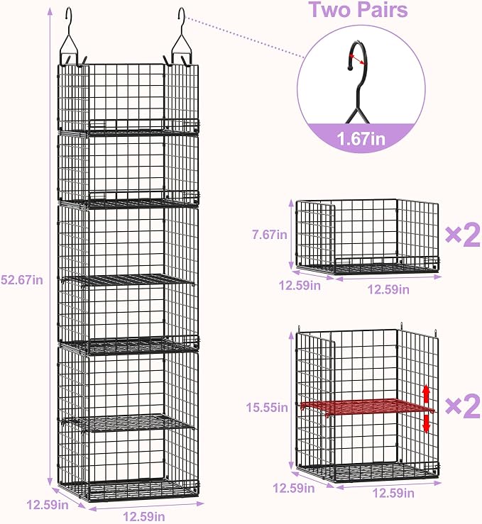 6 Tier Hanging Closet Organizers and Storage Stackable Hanging Closet Shelves with 4 Hooks 2 Adjustable Dividers, Wire Storage Basket Bins for Clothing Purse Sweaters Shoes Socks Dolls, Foldable - Image 3