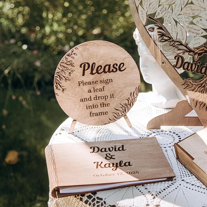 Tree Leaves Guest Book - Rustic Wooden Wedding Guest Book Alternative – Personalized Heart Drop Box with Tree Design for Reception, Baby Shower & Engagement Party Decor - Tree Guest Book for Wedding - Image 7