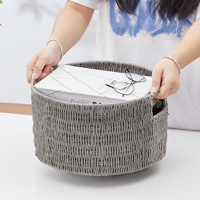 Wicker Storage Basket, Hand-Woven Paper Rope Large Round Woven Basket With Handles, Wicker Baskets for Organizing/Storage, Grey, 3-Pack - Image 5