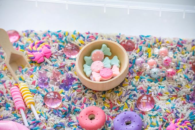 Sweets Shop Sensory Bin Kit for Kids | Bright Rainbow Rice, Candy Erasers, Donut Containers & Wooden Tools – Includes Clear Storage Bin - Image 7