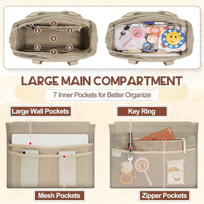 RAINSMORE Diaper Bag Tote, Large Diaper Baby Bag Waterproof Multifunctional Diaper Bag with Pacifier Case & Changing Pad - Image 3