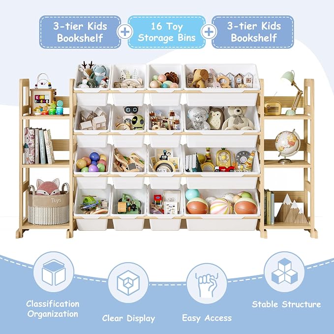 EXPERLAM Extra Large Toy Storage - Toy Storage Organizer, Wooden Toy Organizer with 6 Side Shelves and 16 Bins, 3-in-1 Bookshelf for Kids Rooms, Playroom, Nursery, White - Image 3