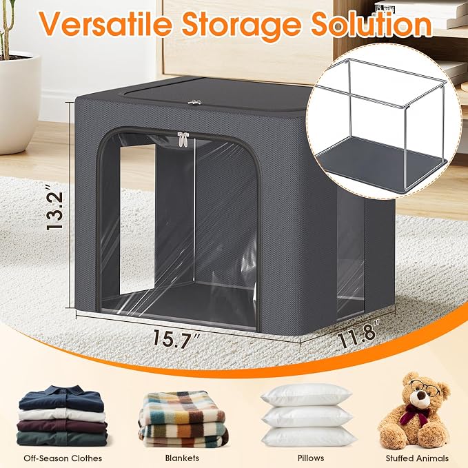 Metal Frame Clothes Storage Bins, Light Grey, 40L, 4 Pack | Foldable Storage Boxes with Clear Window, Front & Top Zipper Openings, Stackable Organizer with Handles for Closet & Bedroom - Image 2
