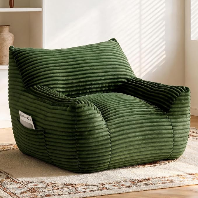 Bean Bag Chair for Adults & Kids, Giant Bean Bag Sofa with Side Pocket, Corduroy Beanbag Chair with Armrests, Comfy Stuffed Floor Sofa for Living Room Bedroom Dorm, Green by Nivayor