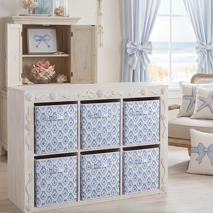 6 Pcs Blue Bow Seashell Storage Bins 11 Inch Summer Beach Storage Basket with Handle, Coastal Organizer Basket, Ocean Collapsible Fabric Box for Classroom Bedrooms Office Home Decoration Gift - Image 5