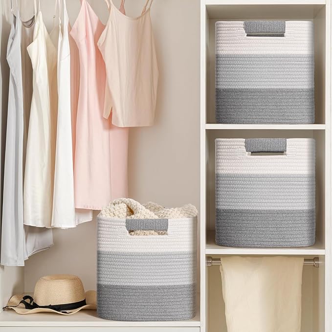 12 Inch Storage Cubes, 3 Pack Cube Storage Bins for Organizing, Cotton Rope Woven Baskets for Shelves, Bathroom, Kids Room, Closets, Baby Nursery - Image 6