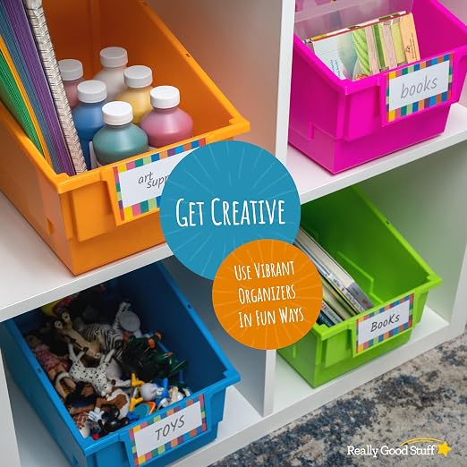 Really Good Stuff Chapter Book Classroom Library Bins with Dividers -4 Pack | 8.75" x 13.5" x 7.75", Neon, Large Plastic Bin Organizers for Book Organization, Documents, Files, Magazines - Image 7