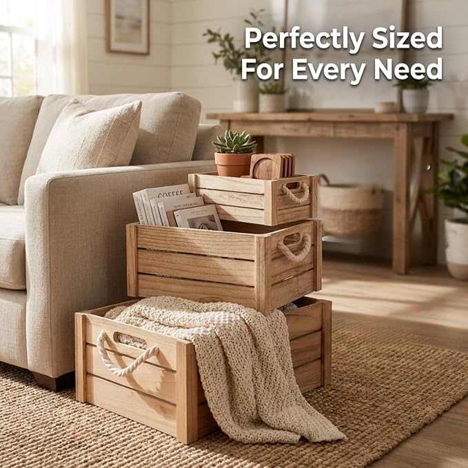 Set of 3 Natural Wood Crates with Rope Handles, Nesting Decor Storage Boxes | Rustic Farmhouse Organizer for Kitchen, Living Room, Bathroom, or Pantry. Nesting Design Keeps Shelves Tidy. - Image 5