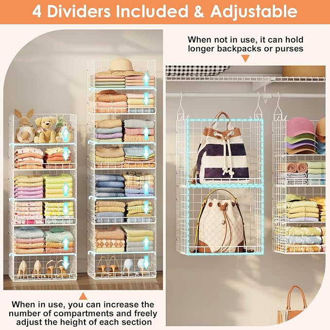 8 Tier Extended Width Hanging Closet Organizer, Sweater Storage for Closet Organizer System, Stackable Wire Basket Bins for Clothes Purse Shoes, Hanging Shelves with 4 Hooks & 4 Dividers Adjustable - Image 6