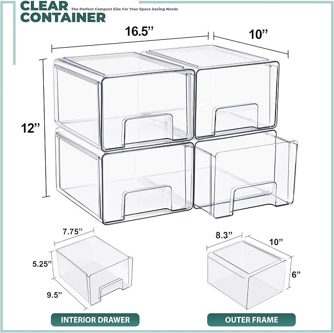 Sorbus Clear Stackable Storage Drawers with Handles (Large, 4 Pack) | Pull-out cabinet organization with multipack plastic bins for bathrooms, closets, medicine, pantries and baby bottles. - Image 3