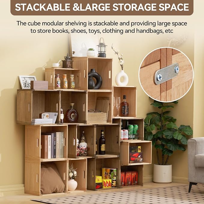 KIRIGEN Stackable Wood Storage Cube with Handles, Open Cubby Bin, Brown | Open-Front Wooden Crate Box for Books, Clothes, Shoes, Closet Storage, and Display for Home Office, Assembly Required - Image 4