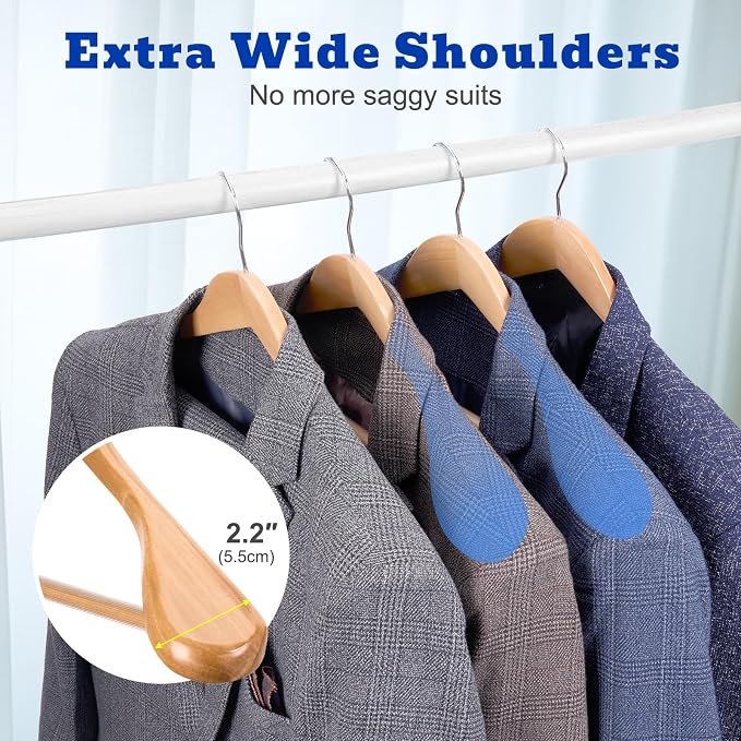 HOUSE DAY Wide Shoulder Wooden Hangers, Suit Hangers with Non Slip Pants Bar, Smooth Finish 360° Swivel Hook High-Grade Solid Wood Coat Hangers for Dress, Jacket, Heavy Clothes Hanger 6 Pack (Natural) - Image 3