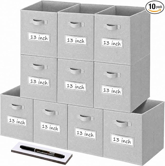 Storage Bins,13" Cube Storage Bin with Labels,10pcs,Light Grey | Fabric Storage Cubes for Shelves,13 Inch storage cube bins with 10 Labels Window Cards & a Pen. by Anyoneer