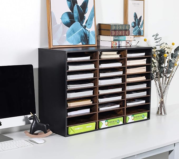TQVAI Wood Literature Organizer, 27 Slots Hold 13500 Sheets A4 Papers, Wooden Desk File Paper Storage Organizer with Adjustable Shelves, Mailbox Cubbies for Office Home Classroom, Black/Archaize - Image 2