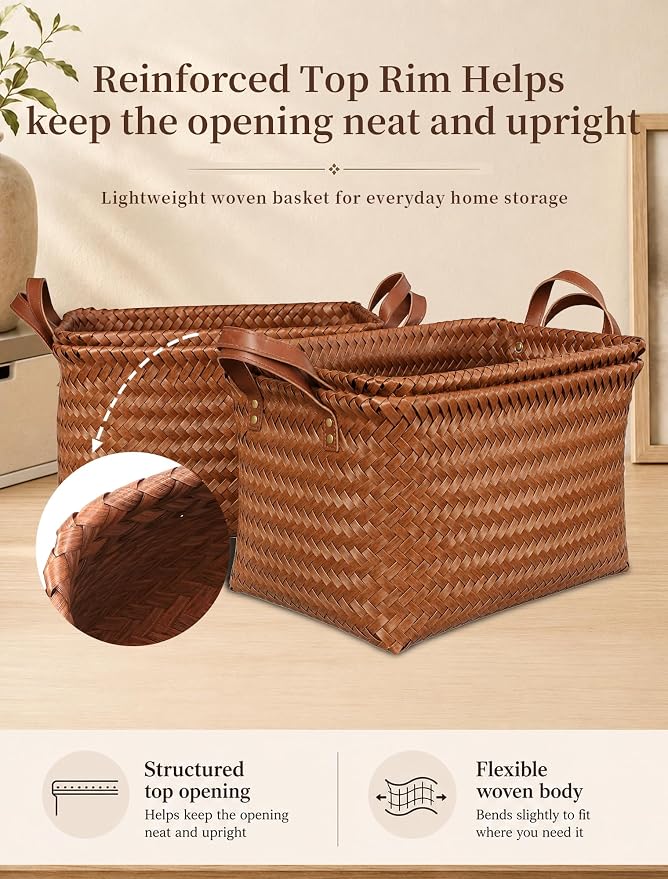 Wicker Storage Baskets, 4 Pack Woven Baskets for Shelves, Brown | PP Rattan, Water-resistant Wicker Basket, Large Baskets with Faux Leather Handles for Blanket, Laundry Organizer, Room Decor - Image 5