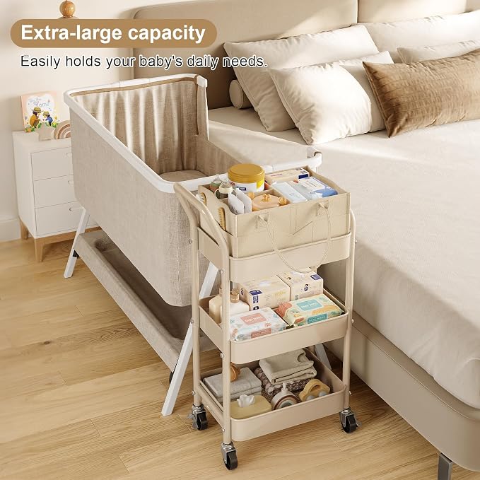 Baby Diaper Caddy Organizer Cart with Detachable Dividers, 3 Tier Metal Bedside Storage Rolling Cart with Wheels for Nursery, Postpartum Cart and Organizers for Newborn Essentials & Supplies (Oatmeal) - Image 4