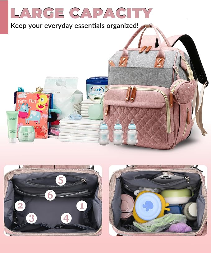 Diaper Bag with Changing Station, Waterproof 3 in 1 Diaper Backpack with Foldable Changing Pad, Large Travel Backpack for Mom & Dad, Baby Gift for Baby Girl & Boy, Pink-Grey - Image 5