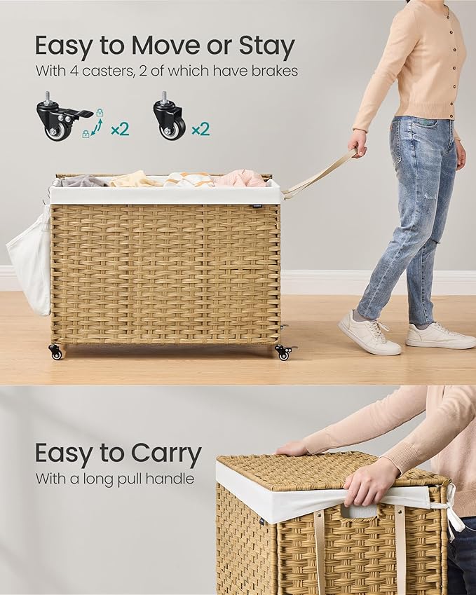 SONGMICS Laundry Hamper with Lid, 55.4 Gallons (210 L), Rolling Laundry Basket with Wheels, 4-Section Synthetic Rattan, Removable Liner, Bedroom, 33.9 x 15.7 x 26 Inches, Natural Color ULCB460Y01 - Image 5