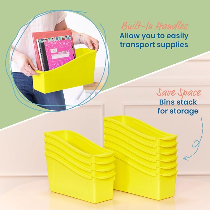 ECR4Kids Linking Plastic Storage Book Bin, Multipurpose Organization, Neon Yellow, 10-Piece | Durable plastic with built-in handles, interlocking, nestable, ideal for books, magazines, and files in a classroom or office - Image 4