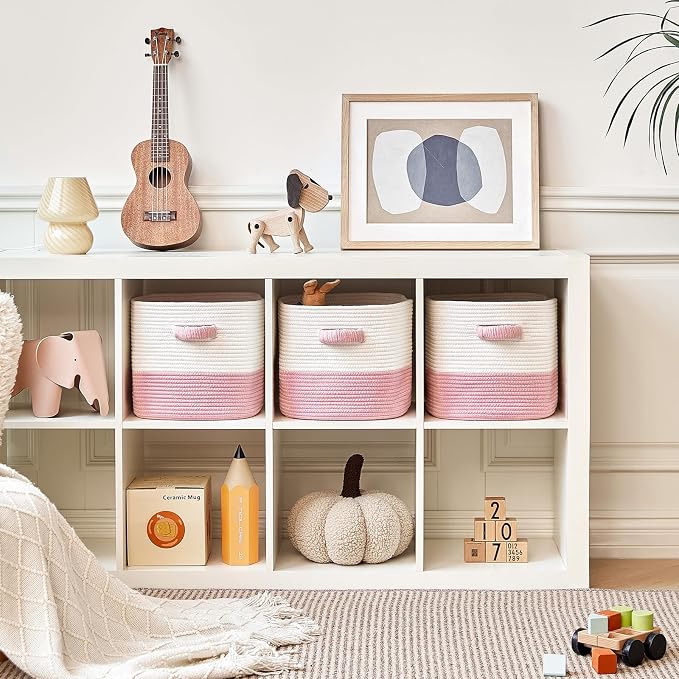 R RUNKA Storage Cube Baskets for Organizing 11 inch-3 Pack- Square Baskets for Cube Storage, Closet Storage Bins - Woven Cube Storage Bins for Shelves- Cube Drawer- Ideal for Toy Storage White & Pink - Image 3