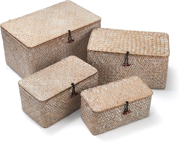 Wicker Basket with Lid, Seagrass Storage Basket, Woven Decorative Storage Baskets for Shelf Organizing, Whitewash - Image 5