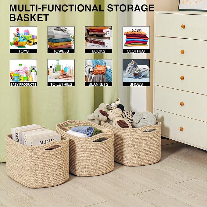 ICERZCZ Decorative Storage Baskets for Organizing Shelves, Toy Basket for Nursery, Woven Cotton Rope Baskets for Decor, Towel Basket for Bathroom, 15"x11"x9.5", 3 Packs, Brown - Image 4