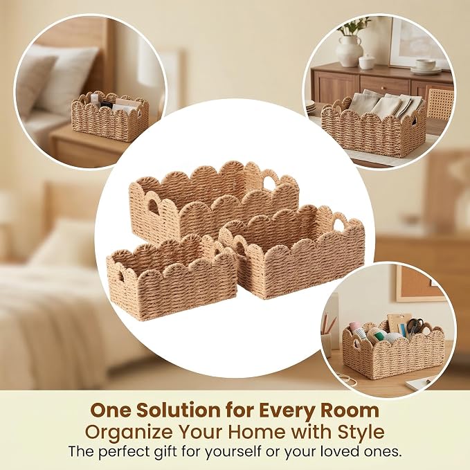 Scalloped Wicker Baskets Set of 3, Hand-Woven Storage with Handles | set of 3 tan scalloped baskets with handles. Hand-woven paper rope for shelves, bathroom or closet. Stackable, sturdy. - Image 9