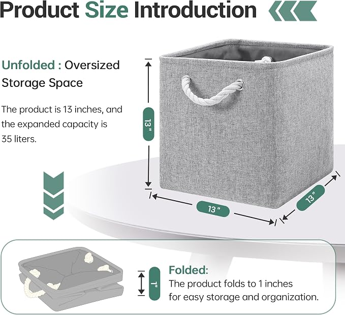 ECDYQXVU 13x13x13 Inch Storage Cube Bins Foldable Organizer Baskets 6 Pack | Soft Cotton Handles, Premium EVA Fabric, Hard Cardboard Bottom, Sturdy Metal Rim, Closet Shelf, Living Room, Bedroom, Laundry - Image 3