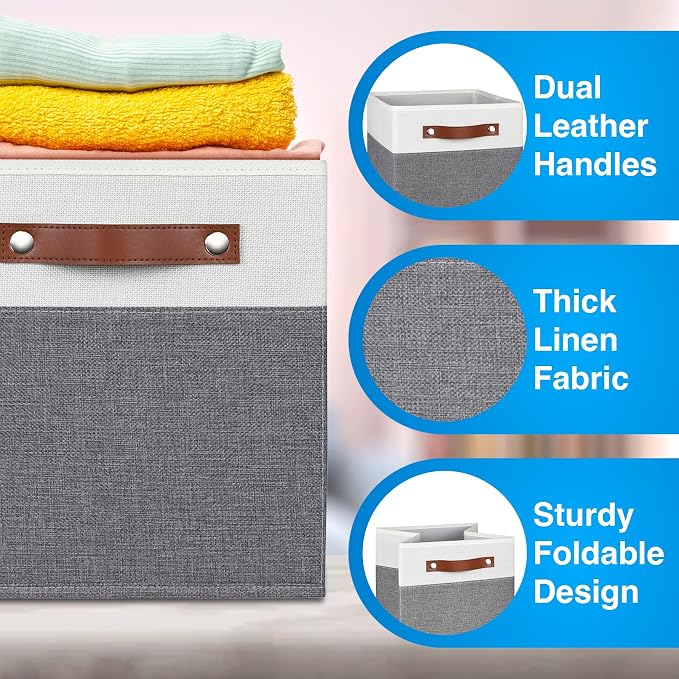 11 Inch Cube Storage Bin - 6 Pack - Linen Fabric 11x11 Cube Storage Bins for Bedroom, Living Room, Clothes and Toys; Foldable, Dual Leather Handles - Image 4