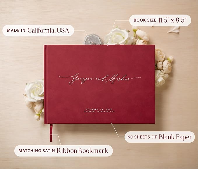 Personalized Guestbook in Red - Premium Custom Modern Guest Book for Wedding Reception, Birthday Party or Events w/Bookmark Blank Pages for Signing 11.5 x 8.5 inches - Image 3