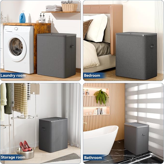 Dual Section 90 liter/23.8 gallon Laundry Hamper Separation Basket with lid, 2 Removable Washing Bags with Handles,Large Laundry Sorter for Easy Clothes Separation - Dark Gray - Image 7