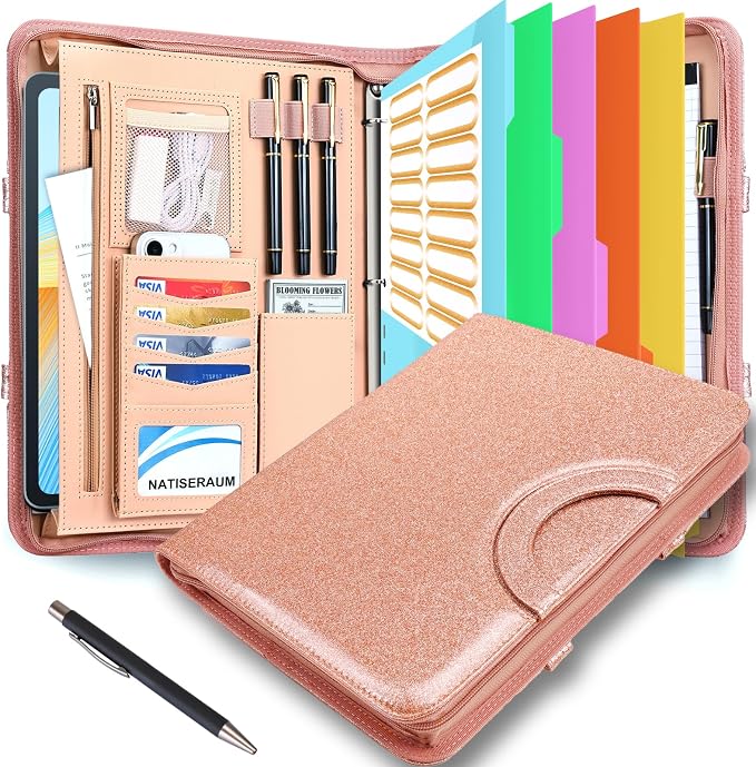 Padfolio Portfolio Binder with Handle, 3-Ring Folder Organizer, Vegan Leather Portfolio with Notepad Includes 5 Dividers with 10 Pockets for Documents Filesfor Documents Files and 1 Pen by NATISERAUM