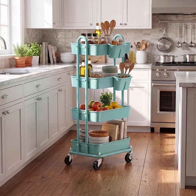 Simple Houseware 4-Tier Rolling Utility Cart with Hanging Bucket, Turquoise | Storage for Bathroom, Kitchen, Office, Study Room, Nursery Diaper - Image 6