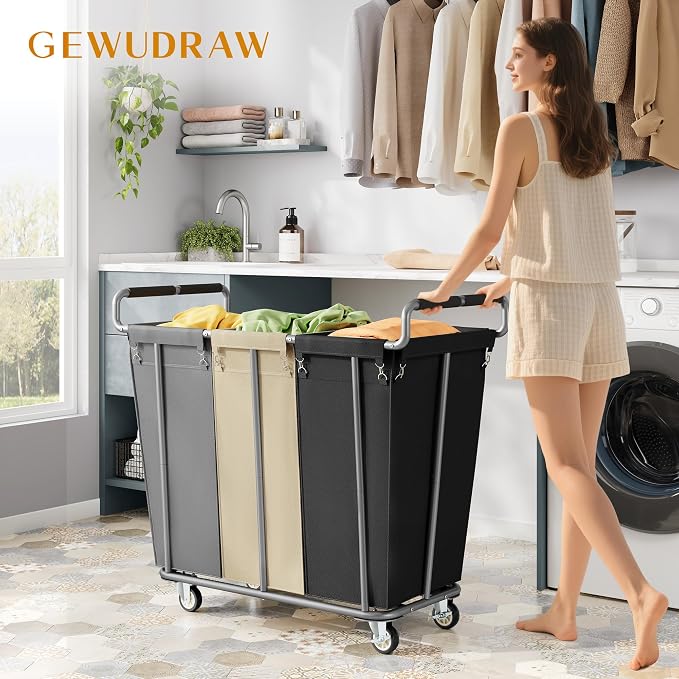 Gewudraw 3 Section Rolling Laundry Sorter Cart with Wheels, 360L | Commercial Laundry Cart Industrial, Large Laundry Basket Rolling Laundry Hamper with Handle for Bathroom, Bedroom, Hotel - Image 2