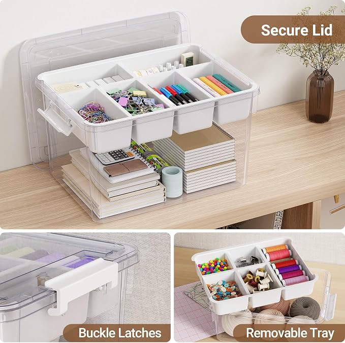 40Qt Stackable Storage Bin with Lid Tray Craft Box Organizer, 1Pack,WH | Clear Plastic Latching Boxes Organizers with Dividers Portable Containers for Arts & Crafts, Home Office Classroom Car Trunk - Image 3