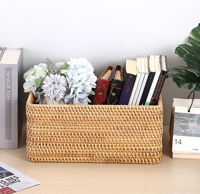 Hipiwe Woven Rattan Basket Natural Wicker Storage Basket Box with Handles | Rectangular Open Storage Bin for Shelf Bathroom Living Room Kitchen, 13" x 8.7" x 5.9" - Image 4