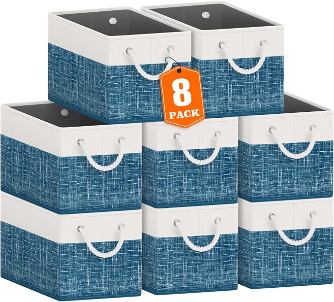 Storage Bins 8-Pack, Foldable Storage Baskets for Organizing Toys, Books, Shelves, Closet, Large Storage Box with Rope Handles, Sturdy Organizer Bins, White & Blue by Fabtotes