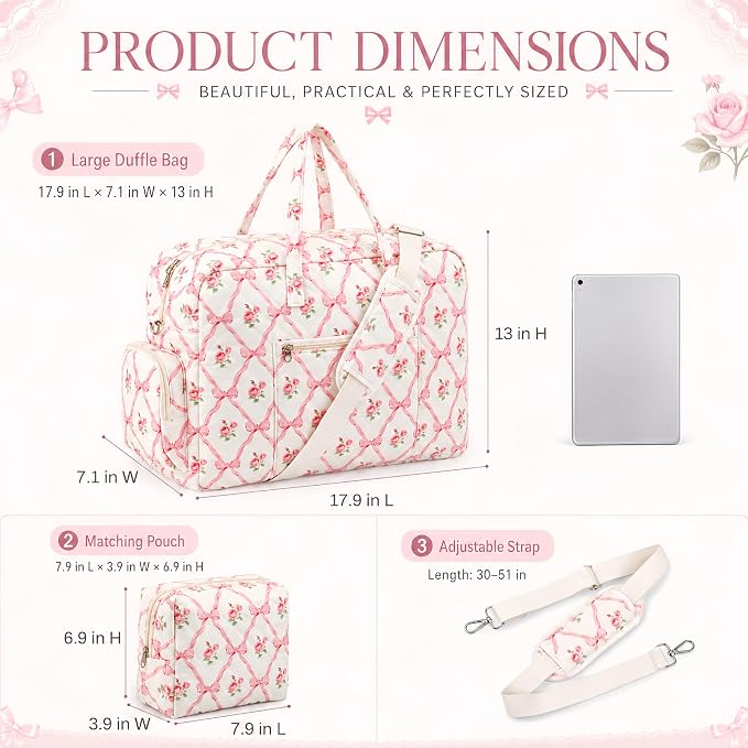 Abbylike Hospital Bag for Women, Quilted Weekender Duffle Bag,Rose - Image 2