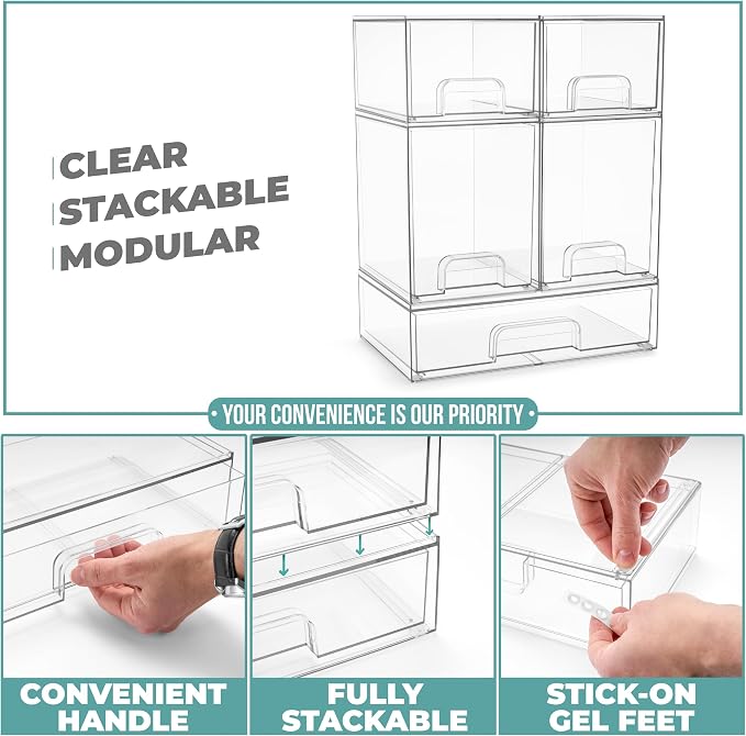 Sorbus Clear Stackable Storage Drawers (5 Pack, Complete Set) | Acrylic containers with pull-out bins keep cosmetics, brushes and daily items sorted on bathroom counters or in cabinets. - Image 5