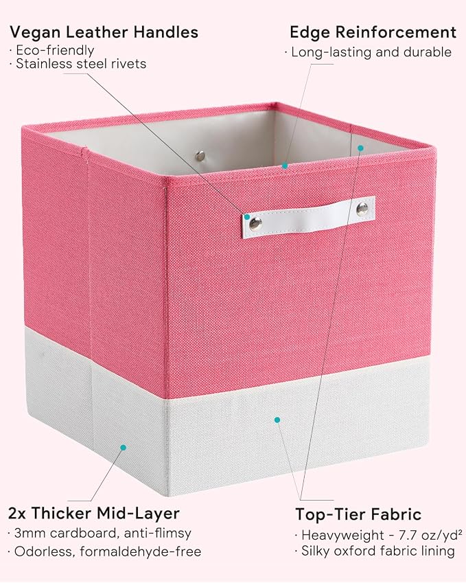 Cube Storage Bins | 13"x15"x13", Pink & White, 4 Pack | Multi-Size | 2X Thick Support Board | Vegan Leather Handles | 7.7 oz/yd² Fabric | Drawer Insert Basket Fits KALLAX - Image 5